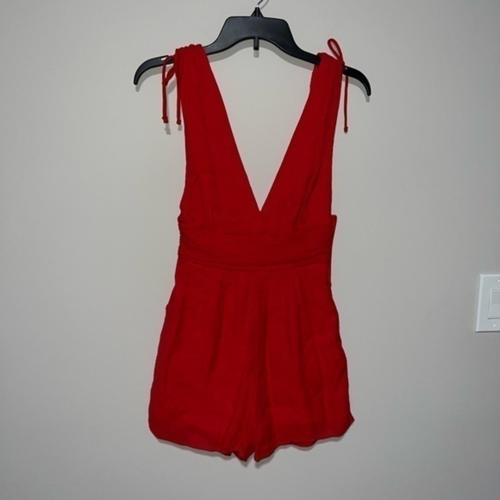 Red deep v romper with pockets One Clothing Small